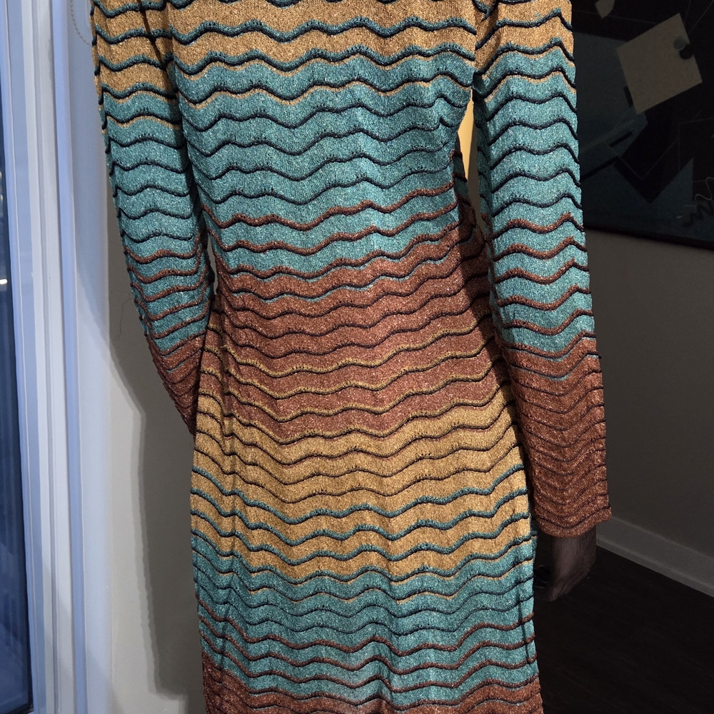 M by Missoni Blue and Gold Long Sleeve Sheath Dress